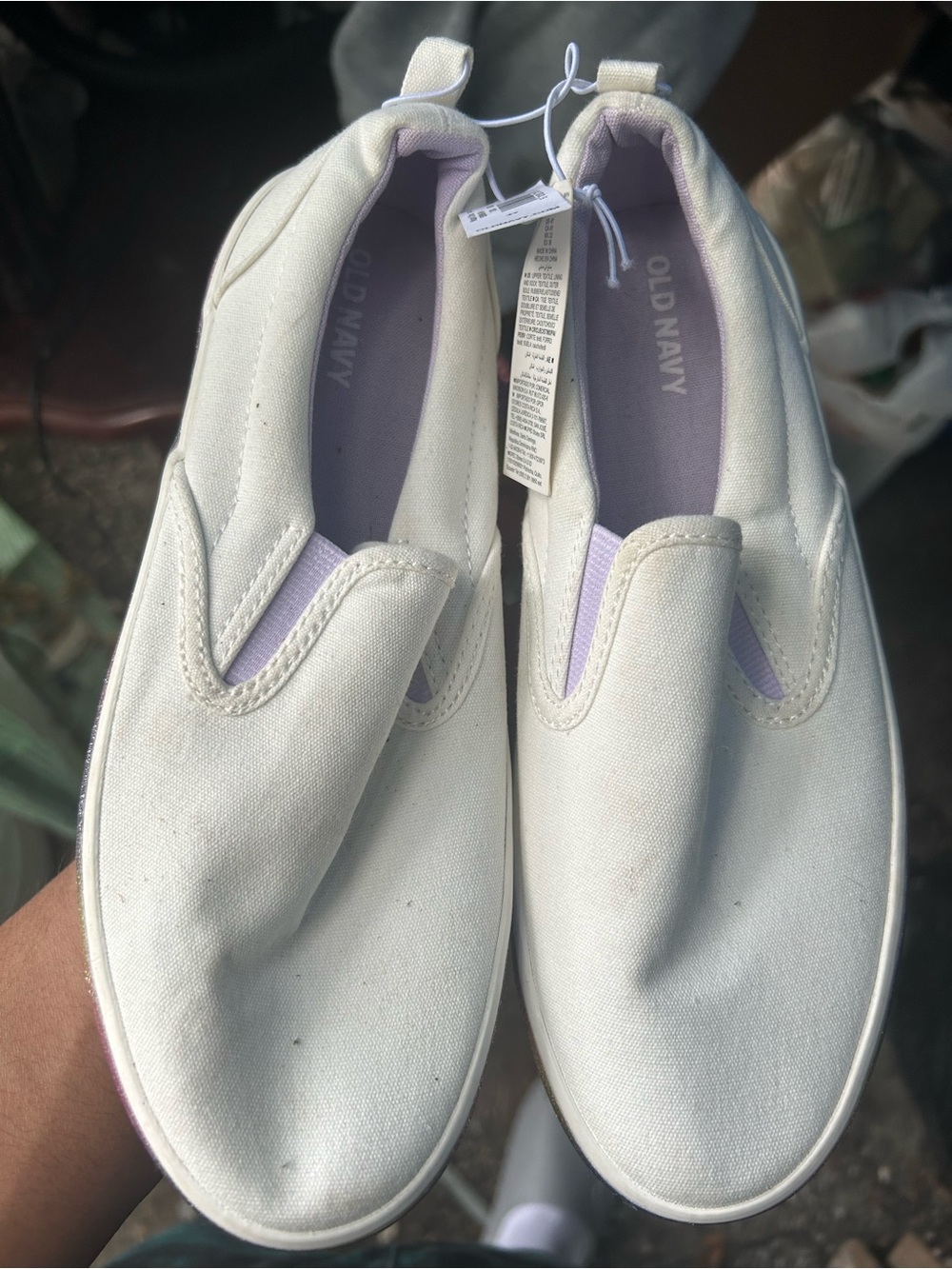 Old Navy White Slip-On Sneakers with Lilac Accents